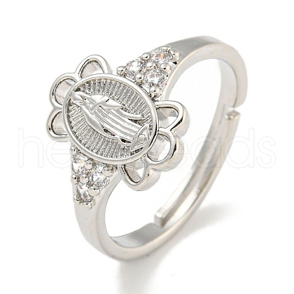 Oval with Saint Rack Plating Brass Micro Pave Cubic Zirconia Adjustable Rings RJEW-I105-04P-05-1