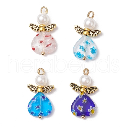 Handmade Millefiori Lampwork Beads and ABS Plastic Imitation Pearl Round Beads and Tibetan Style Alloy Fairy Wing Beads and 304 Stainless Steel Ball Head Pins Pendants PALLOY-JF03740-01-1