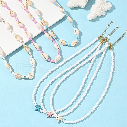 6Pcs 6 Styles Dyed Synthetic Turquoise Starfish & Natural Cowrie Shell & Glass Seed Beaded Necklaces NJEW-JN05329-1