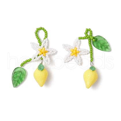 2Pcs 2 Styles Resin & Handmade Glass Seed Beaded Flower Lemon Big Pendants PALLOY-MZ00771-1
