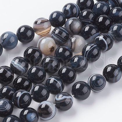 Round Dyed & Heated Natural Black Agate Beads Strands X-G-G582-8mm-07-1