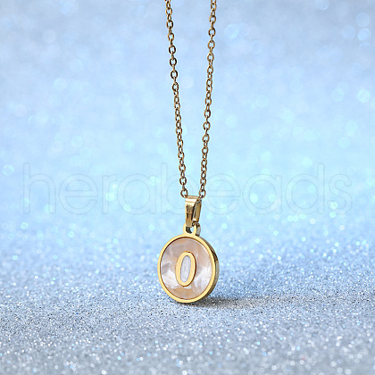 Flat Round Stainless Steel Pave Natural White Shell Initial Pendant Necklaces for Women FS-WG6FA45-15-1