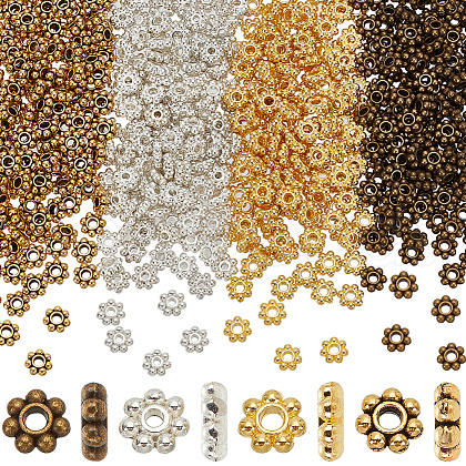 SOFPLATE 600pcs 4 Colors Tibetan Style Alloy Beads Daisy Spacer Beads TIBEB-SP0001-18-1