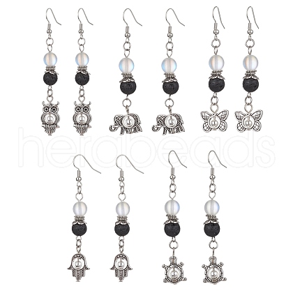 5 Pairs 5 Styles Natural Lava Rock Round Beaded Dangle Earrings EJEW-JE05476-S-1