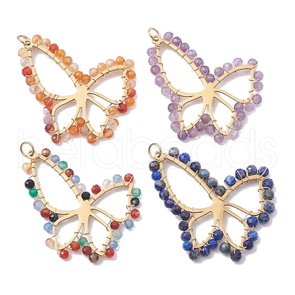 4Pcs Natural Mixed Gemstone Faceted Round Beaded Pendants PALLOY-JF02564-S-1