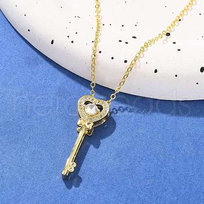 Brass Pave Cubic Zirconia Heart Key Pendant Necklaces for Women NJEW-R027-03G-01-1