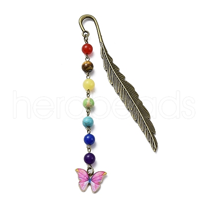 Butterfly Alloy Enamel Pendant Bookmark with Chakra Gemstone Bead AJEW-JK00253-02-1