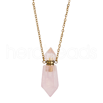SUPERFINDINGS 1Pc Natural Rose Quartz Faceted Hexagonal Prism Perfume Bottle Pendant Necklaces NJEW-FH0001-17G-01-1