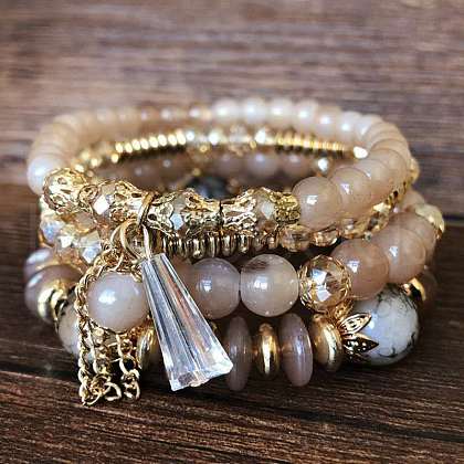 4Pcs 4 Styles Bohemian Style Alloy Glass Round Beaded Stretch Bracelets FS-WG80D8B-04-1