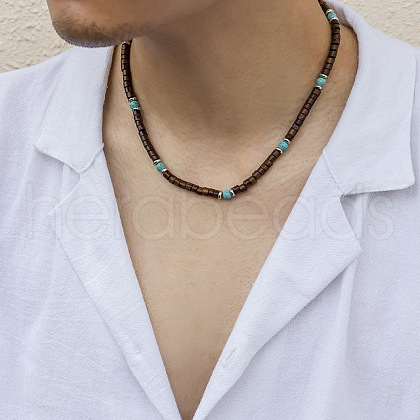 Round Synthetic Turquoise & Wood Heishi Beaded Necklaces for Men FS-WG6A9BE-01-1