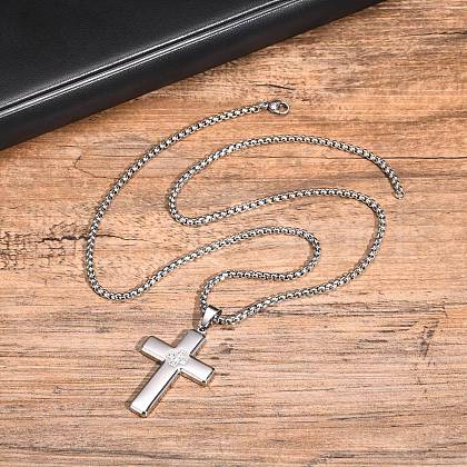 Men's Stainless Steel Clear Cubic Zirconia Cross Pendant Box Chain Necklaces PW-WG79D52-01-1