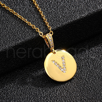 Brass Micro Pave Clear Cubic Zirconia Flat Round with Letter Pendant Necklaces FS-WG00655-22-1