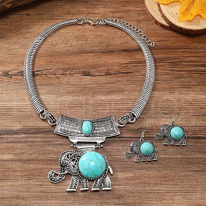 Elephant Alloy Resin Pendant Necklaces & Dangle Earrings Sets FS-WG854C5-02-1