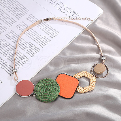 Bohemian Style Alloy and Raffia Geometric Pendant PU Leather Cord Bib Necklaces FS-WG7F958-05-1