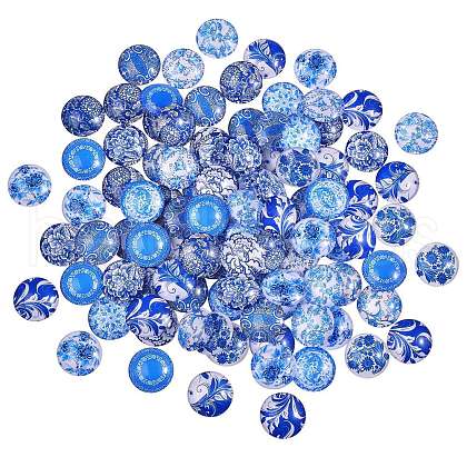 Blue and White Printed Glass Cabochons GGLA-SZ0001-13-1