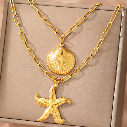 Bohemian Summer 201 Stainless Steel Shell Shape Starfish Pendant Double Layered Necklaces for Women FS-WGD4094-01-1