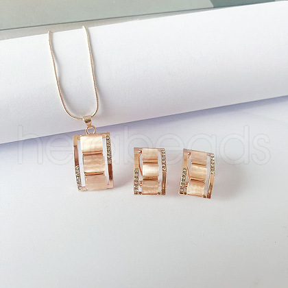 Rectangle Alloy & Cat Eye & Crystal Rhinestone Pendant Necklace & Stud Earring Sets FS-WG998B2-01-1