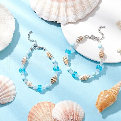 Glass & Turquoise & Shell Beads Bracelets for Women BJEW-JB11757-1