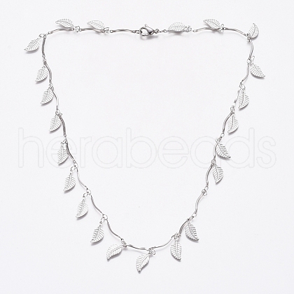 304 Stainless Steel Leaf Charm Necklaces NJEW-G336-08P-1