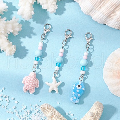 3Pcs Ocean Theme Porcelain Charm & Glass Beads Pendant Decorations HJEW-JM03154-1