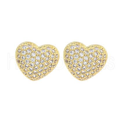 Heart Brass Pave Clear Cubic Zirconia Stud Earrings EJEW-M258-041G-1
