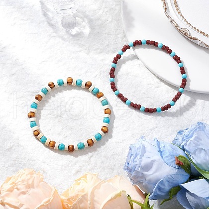 2Pcs 2 Styles Natural Magnesite & Synthetic Turquoise & Glass Seed & Round Wood Beads Stretch Bracelets for Men Women BJEW-JB11833-1