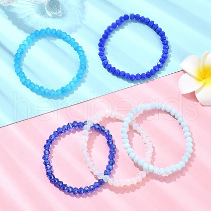 5Pcs 5 Styles Faceted Rondelle Glass Beaded Stretch Bracelet Sets BJEW-YW00004-01-1