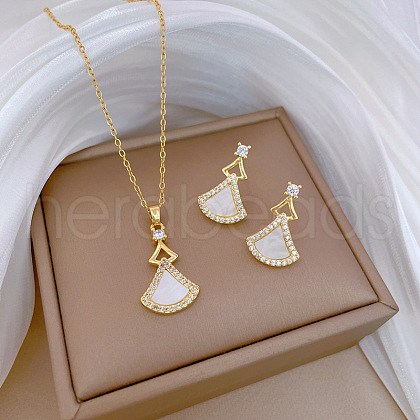 Brass Micro Pave Cubic Zirconia with Natural Shell Pendant Necklace & Stud Earrings WG7AC39-87-1