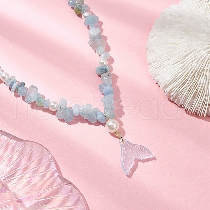 Natural Aquamarine Chip & Imitaton Round Pearl Beaded Adjustable Necklaces NJEW-JN05227-05-1