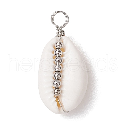 Natural Cowrie Shell Copper Wire Wrapped Round Brass Beads Pendants PALLOY-JF02938-05-1