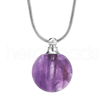 Natural Amethyst Flat Round Perfume Bottle Pendant Necklaces PW-WGD45C6-07-1