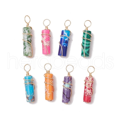 Synthetic Imperial Jasper/Synthetic Malachite/Natural Green Spot Jasper Column Copper Wire Wrapped Pendants PALLOY-JF03488-1