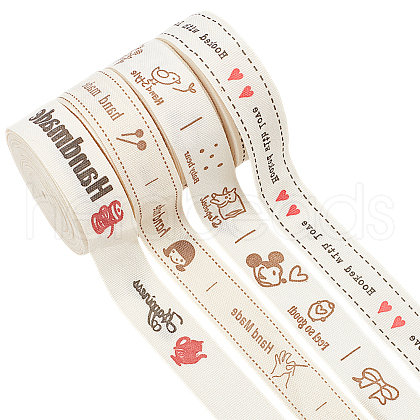  4 Rolls 4 Styles Cotton Handmade Printed Ribbon OCOR-NB0002-08-1