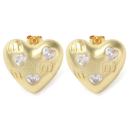 Heart Brass Micro Pave Clear Cubic Zirconia Stud Earrings EJEW-A034-06G-1