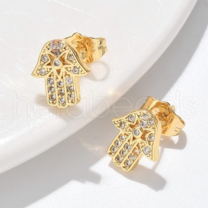 Hamsa Hand Brass Micro Pave Clear Cubic Zirconia Stud Earrings EJEW-D305-03G-1