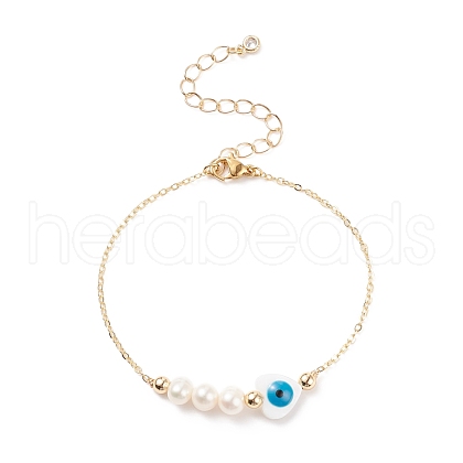 Natural Pearl & Shell Heart with Evil Eye Link Bracelet with Brass Chains for Women BJEW-JB08329-02-1