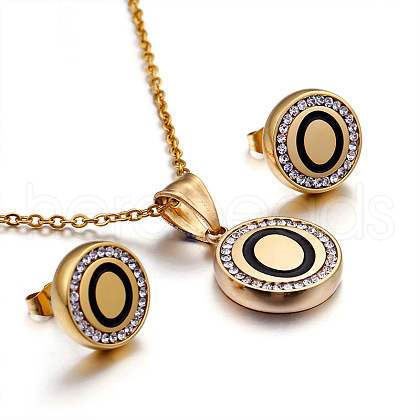 Flat Round with Letter Pattern 304 Stainless Steel Crystal Rhinestone Pendant Necklace & Stud Earring FS-WG33EDD-15-1