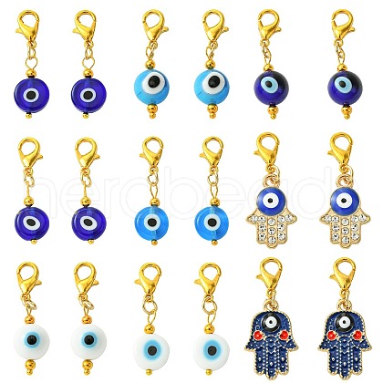 18Pcs 9 Styles Evil Eye Alloy Enamel & Handmade Lampwork Pendant Decorations HJEW-CJ00018-1