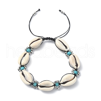 Synthetic Turquoise & Natural Shell Braided Bead Bracelets BJEW-TA00417-1
