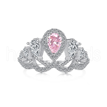 Rhodium Plated 925 Sterling Silver Pave Pink Cubic Zirconia Hollow Finger Ring for Women RJEW-F150-07B-P-1