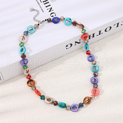 Bohemian Dyed Natural Shell Flat Round & Faceted Rondelle Glass Beaded Necklaces for Women NJEW-S456-01-1