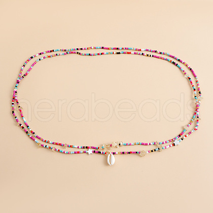 Bohemian Natural Cowrie Charm Glass Seed Beaded Double Layered Waist Belly Stretch Chains for Women FS-WG5D6A5-10-1