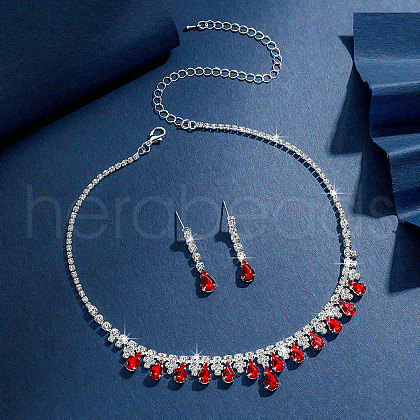 Teardrop Alloy Rhinestone Pendant Necklace & Stud Earring FS-WG7372C-02-1