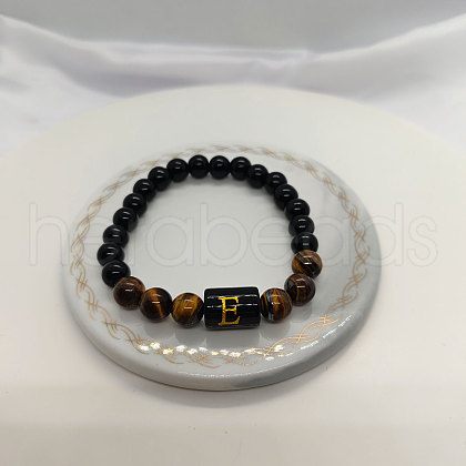 Natural Tiger Eye & Black Obsidian Round Beaded Stretch Braceletes WG32BD9-05-1
