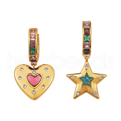 Colorful Cubic Zirconia Star and Heart Dangle Hoop Earrings JE922A-1