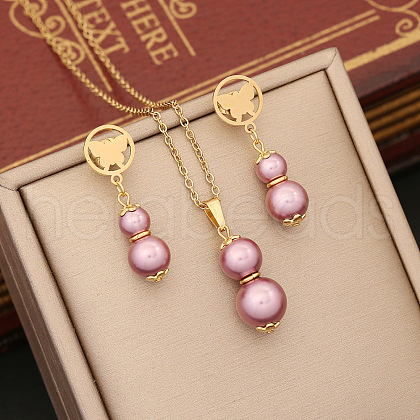Butterfly & Gourd Stainless Steel & Plastic Imitation Pearl Pendant Necklace & Stud Dangle Earring FS-WGB6B23-07-1