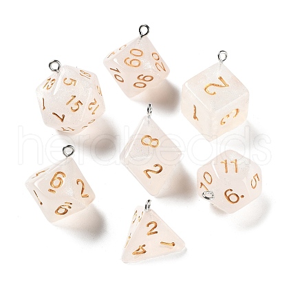 7 Styles Transparent Resin Polyhedral Dice Pendants Set RESI-A029-01F-1