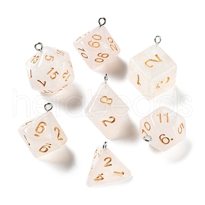 7Pcs 7 Styles Transparent Resin Polyhedral Dice Pendants Set RESI-A029-01F-1