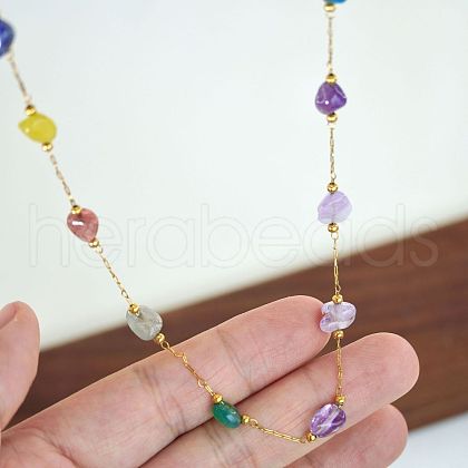 Natural Mixed Stone Chip & Stainless Steel Handmade Link Chain Becklaces for Women FS-WGA6ABB-01-1
