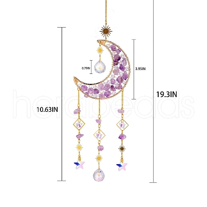 Glass & Amethyst Nuggets Moon Pendant Decorations HJEW-PW0002-07A-1